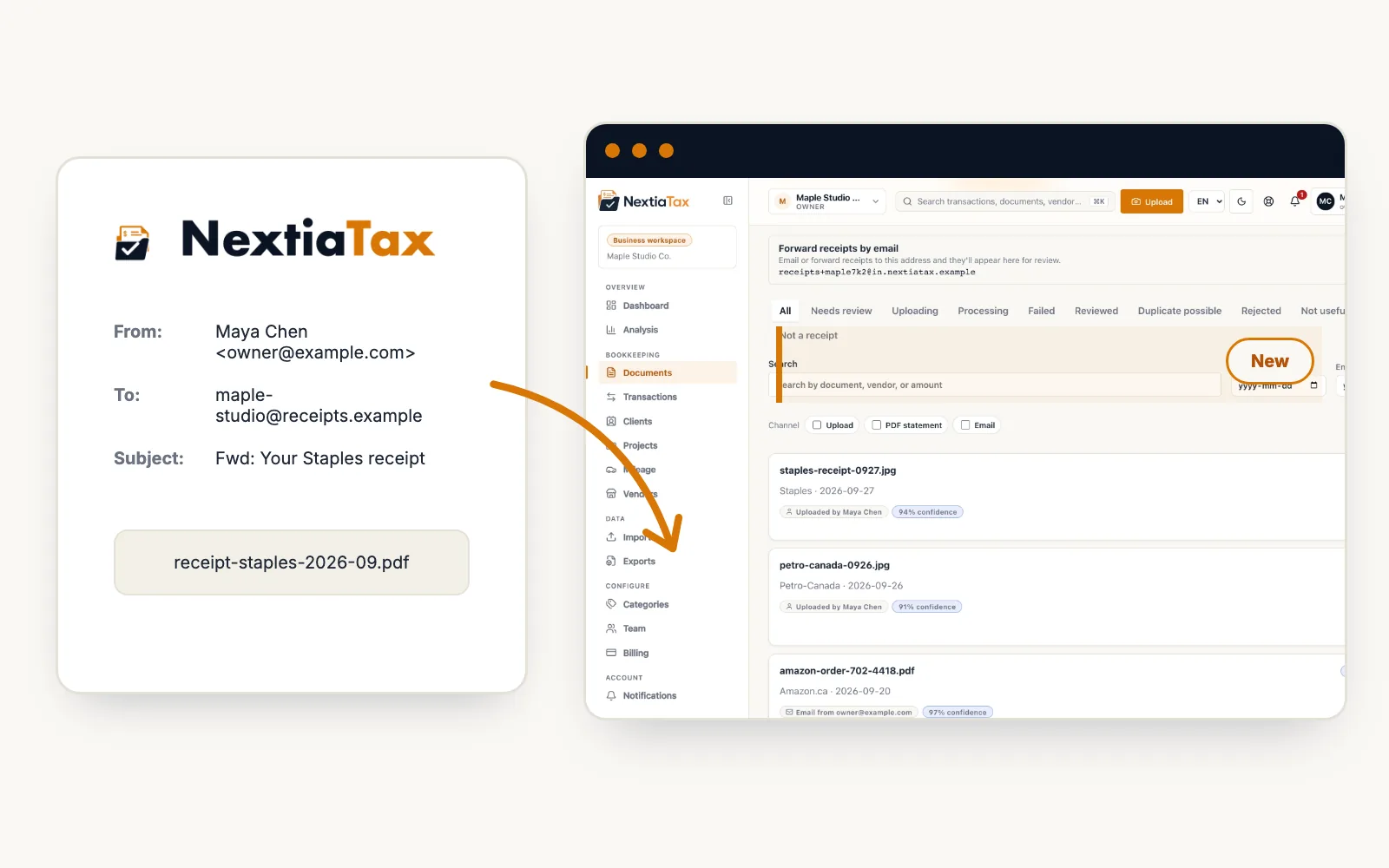 A forwarded receipt email arriving in the NextiaTax documents list, ready for review