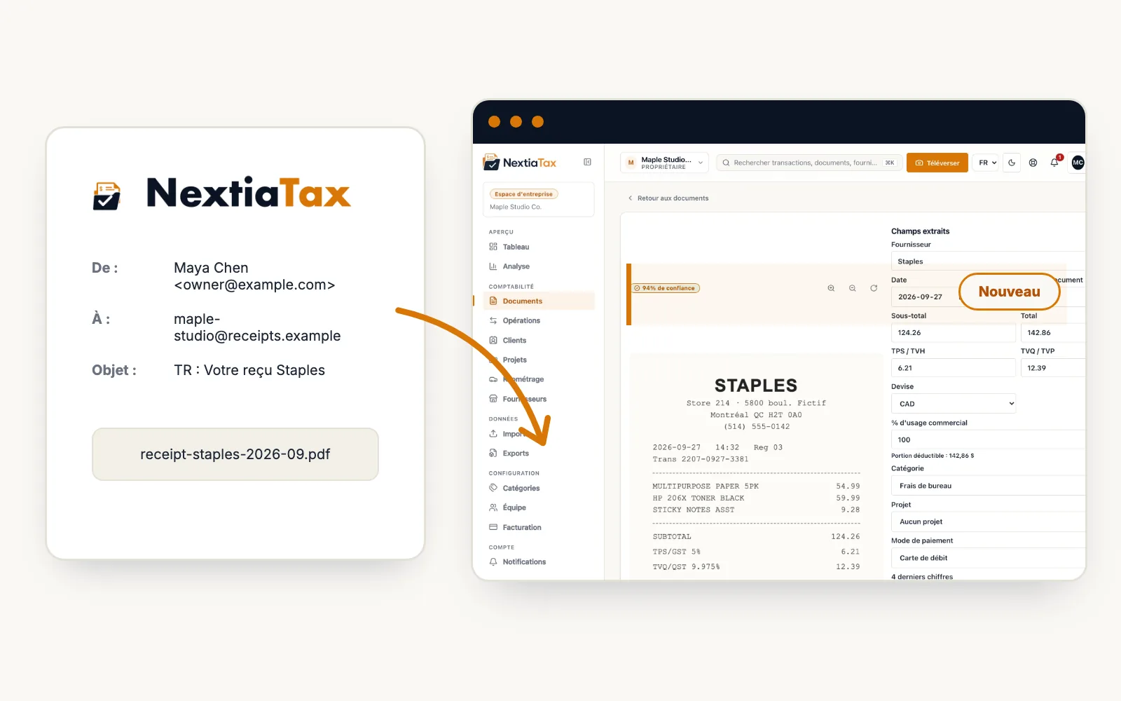 Un reçu transféré par courriel qui arrive dans la liste de documents NextiaTax, prêt à réviser