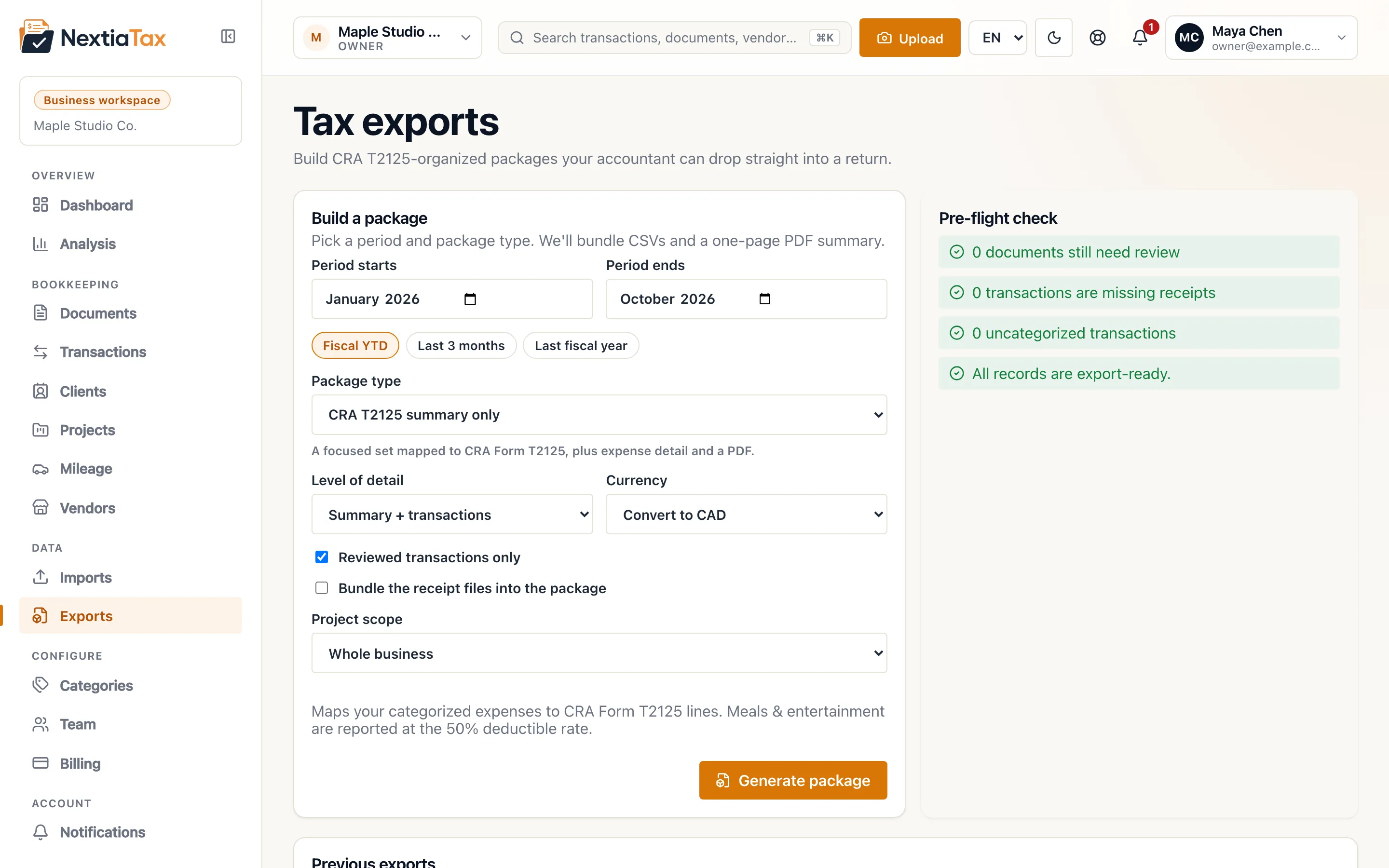 Tax export builder generating a CRA T2125 accountant package
