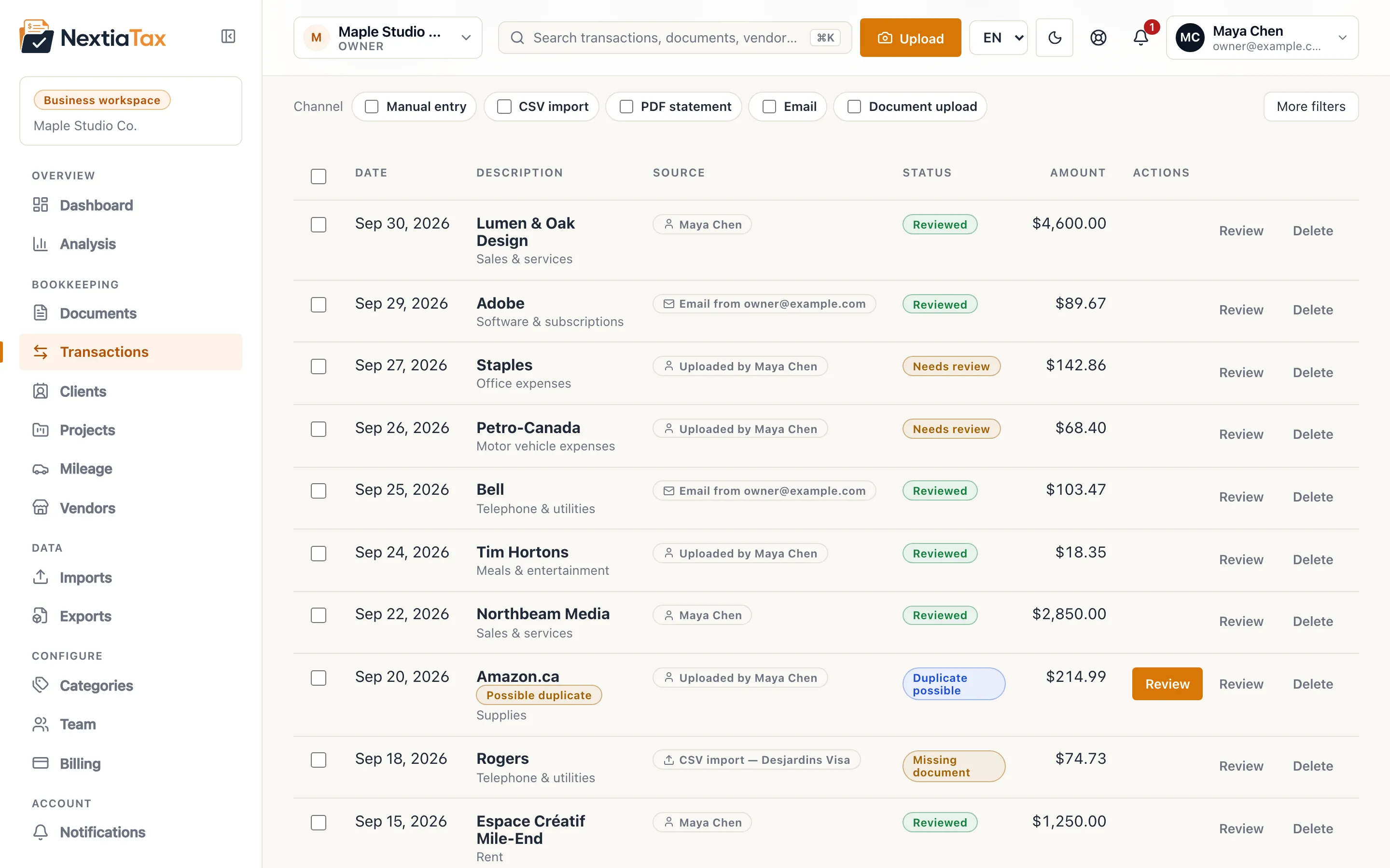 Transactions list with categories, statuses, and CAD amounts