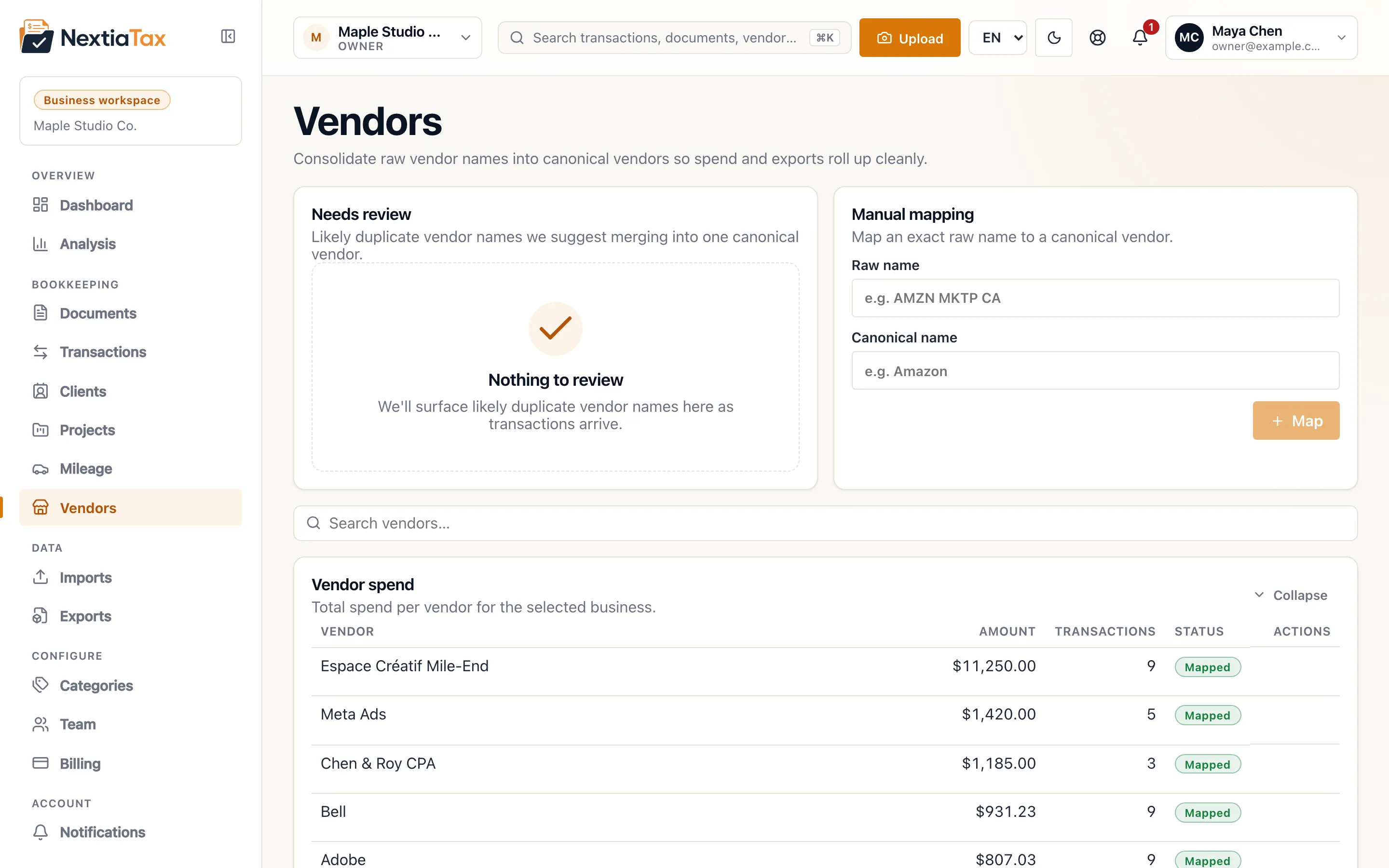 Vendors screen flagging duplicate names — Apple, Apple Inc., Apple Incorporation — to merge into one canonical vendor, with a spend-by-vendor table