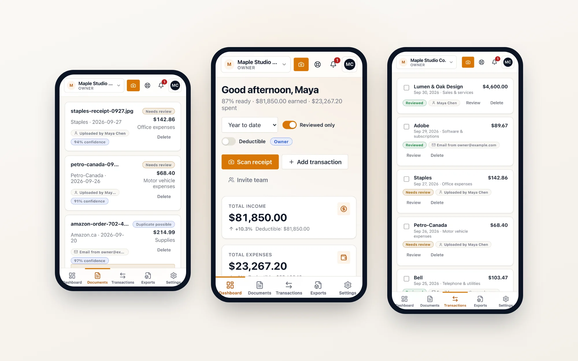 NextiaTax sur téléphone : tableau de bord, documents et transactions dans le navigateur mobile
