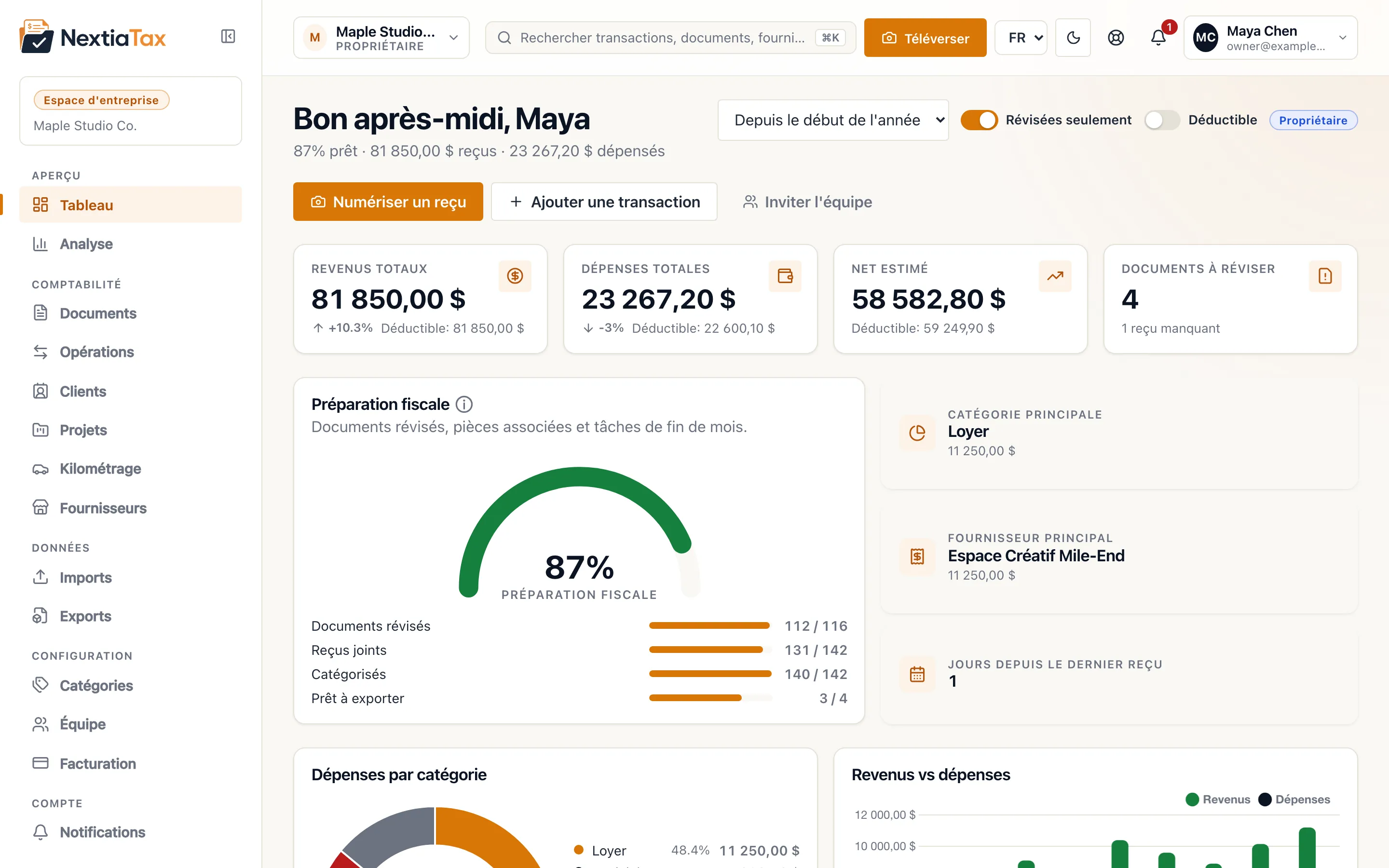 Tableau de bord NextiaTax affichant revenus, dépenses, TPS/TVH et préparation fiscale pour une entreprise de démonstration